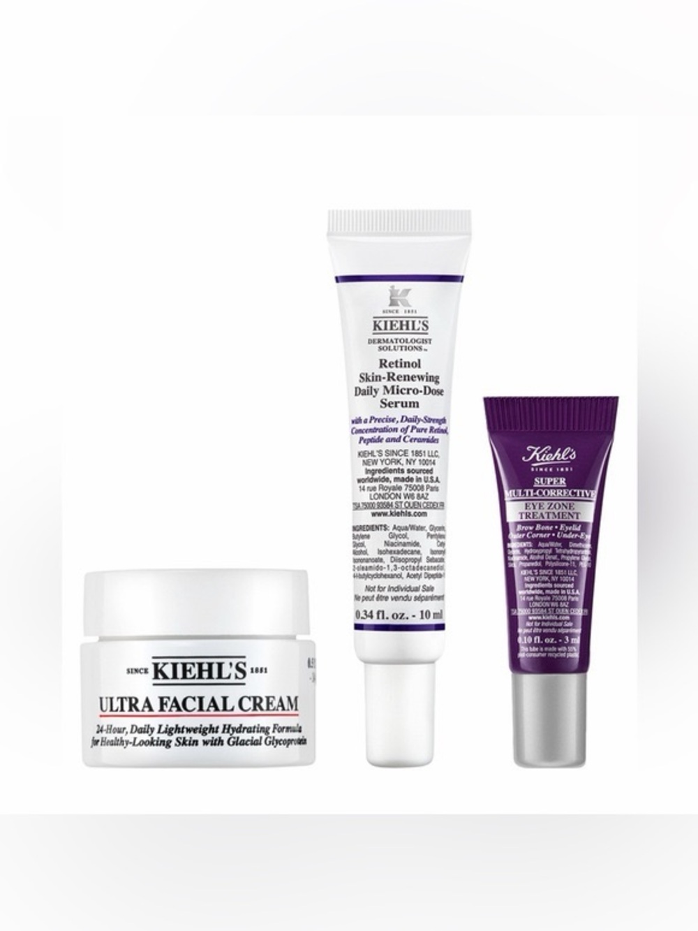 Kiehl's
Ultra Facial Cream, Retniol Micor-Dose, Eye Zone Cream trial set